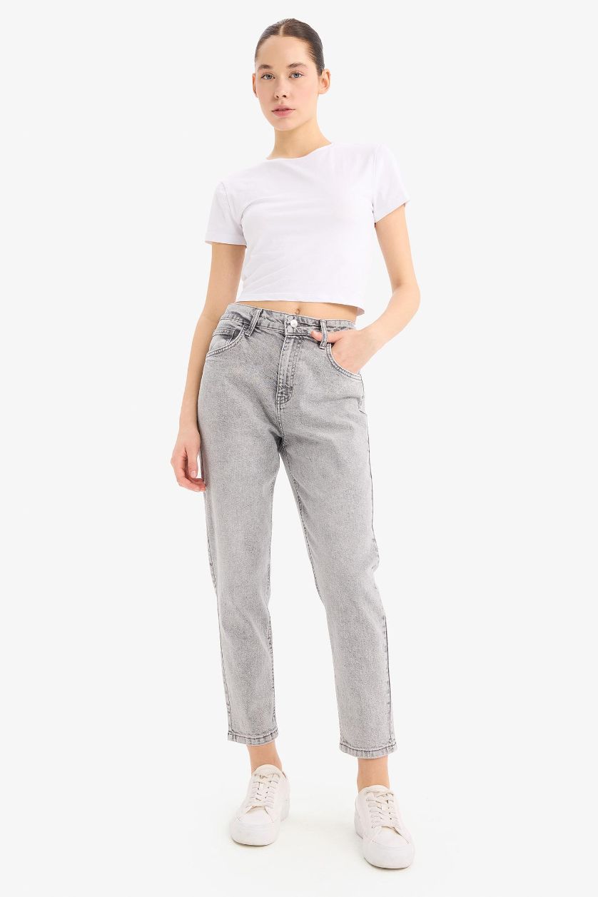 Kadın Gri Lina Comfort Mom Normal Bel Düz Paça Jean Kar Yıkamalı Pantolon