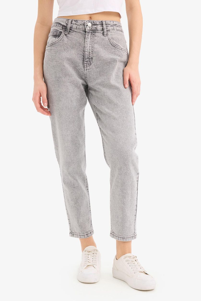 Kadın Gri Lina Comfort Mom Normal Bel Düz Paça Jean Kar Yıkamalı Pantolon