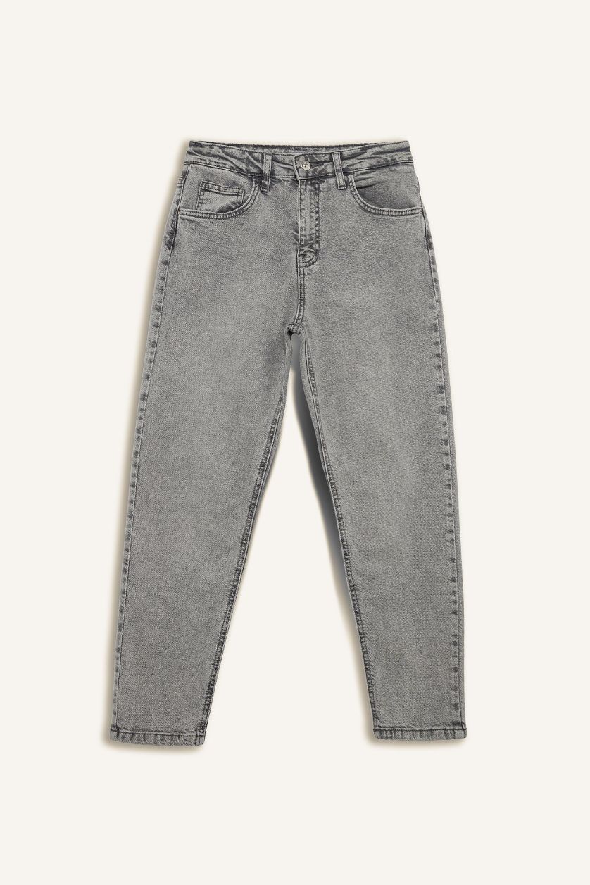 Kadın Gri Lina Comfort Mom Normal Bel Düz Paça Jean Kar Yıkamalı Pantolon