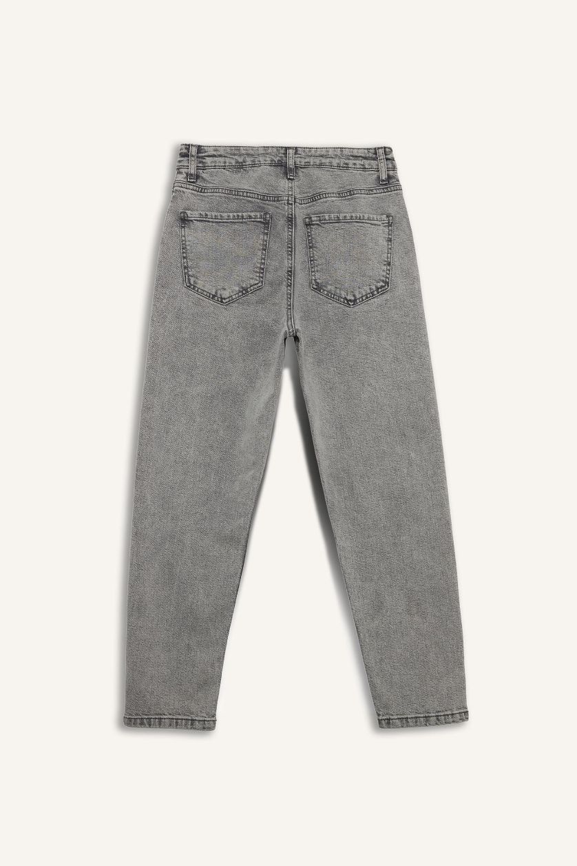 Kadın Gri Lina Comfort Mom Normal Bel Düz Paça Jean Kar Yıkamalı Pantolon