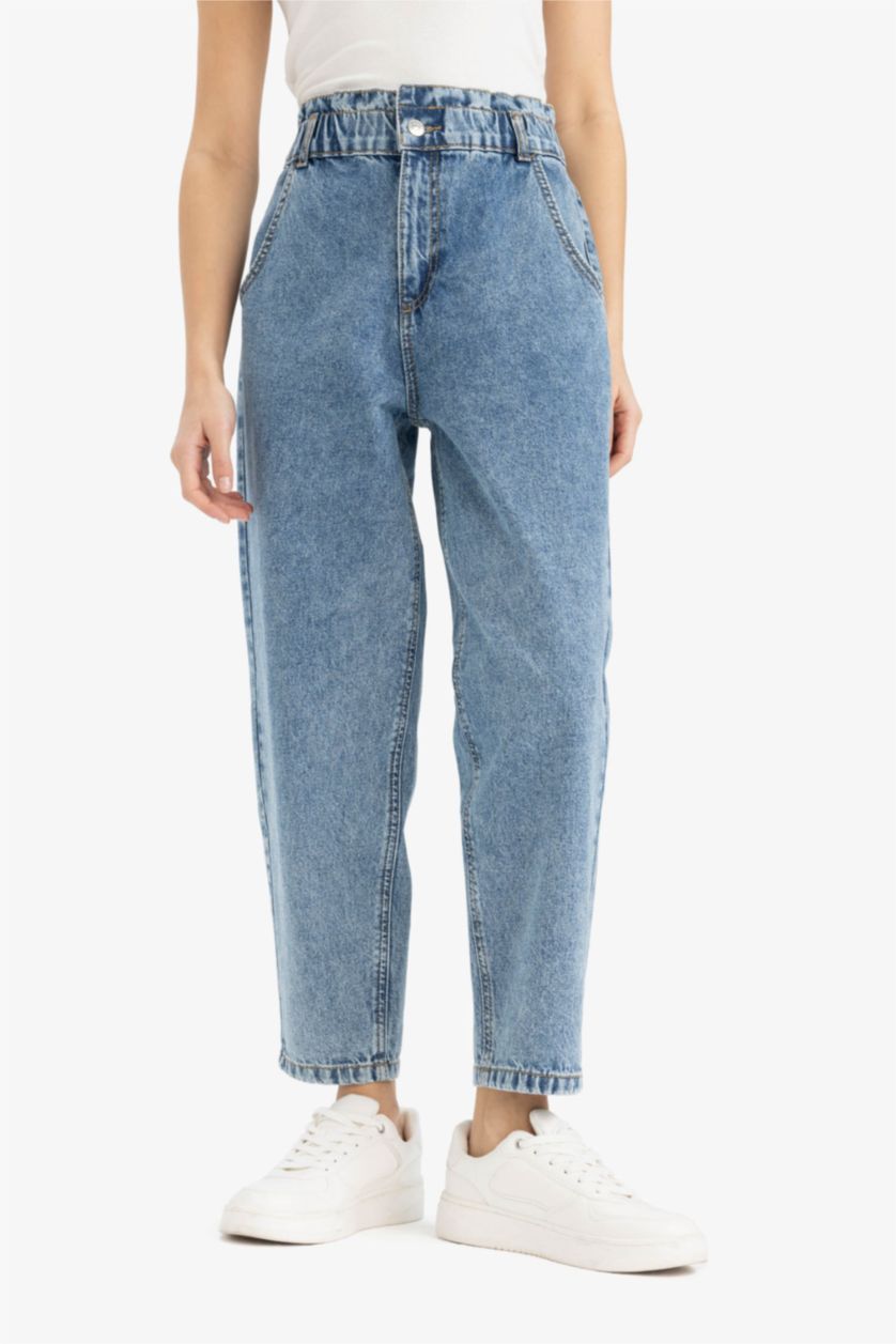 Woman Blue Paperbag High Waist Straight Leg Jeans