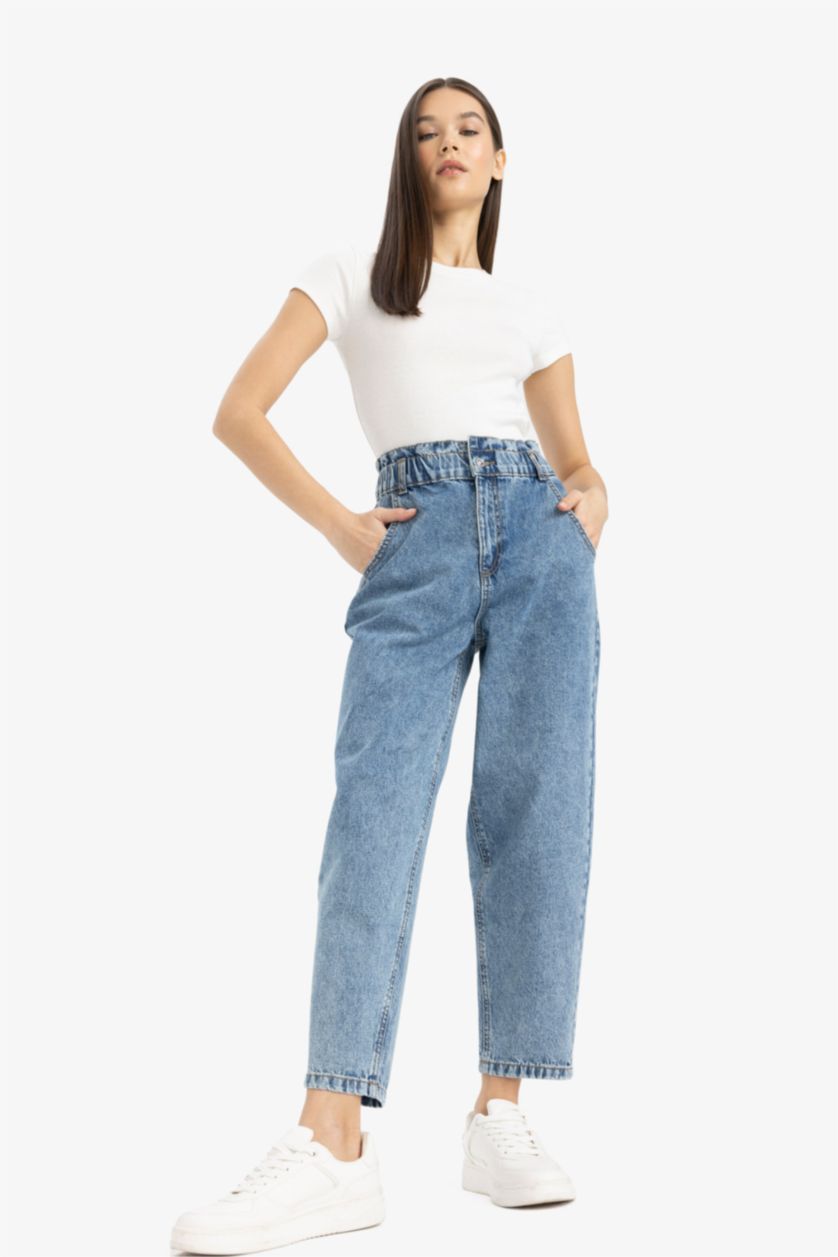 Woman Blue Paperbag High Waist Straight Leg Jeans