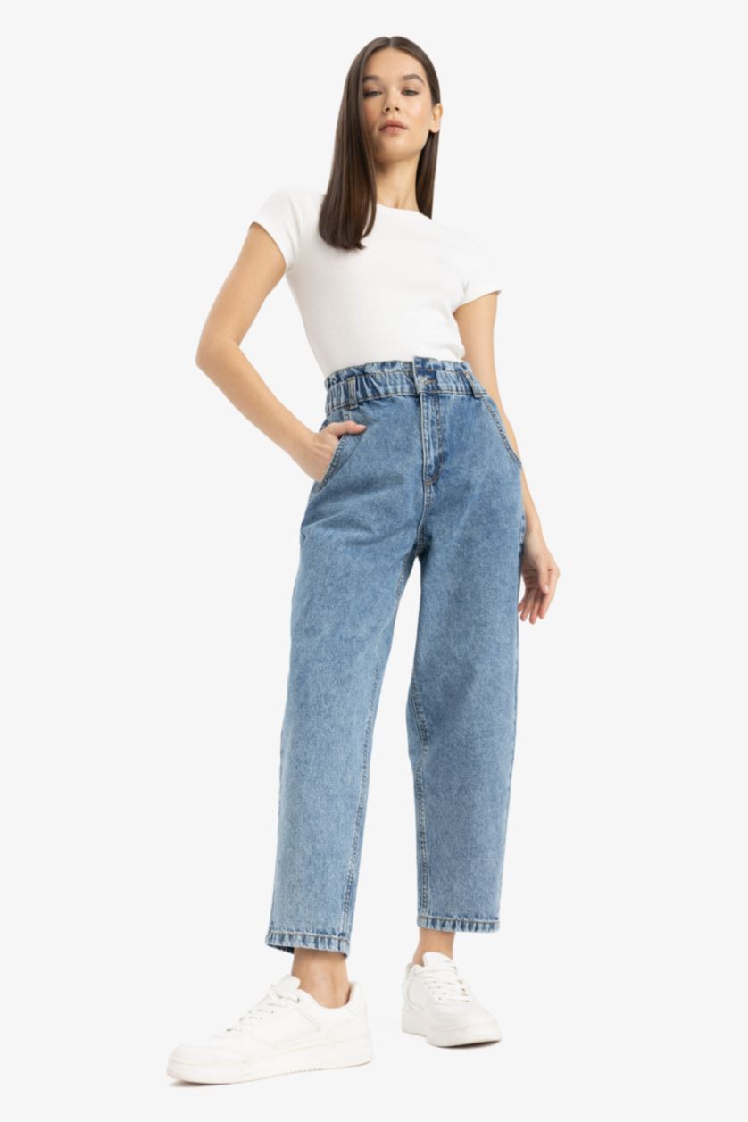 Woman Blue Paperbag High Waist Straight Leg Jeans