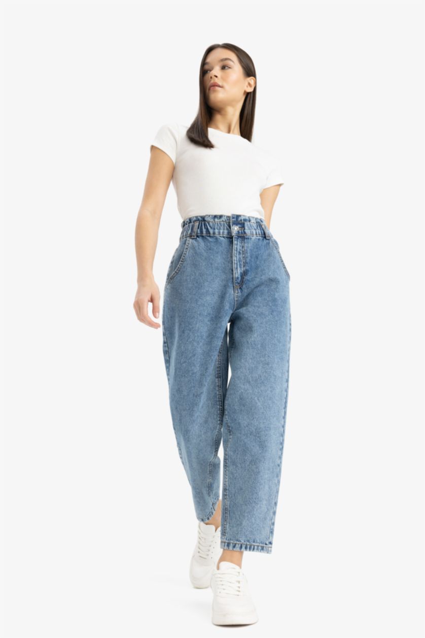 Woman Blue Paperbag High Waist Straight Leg Jeans