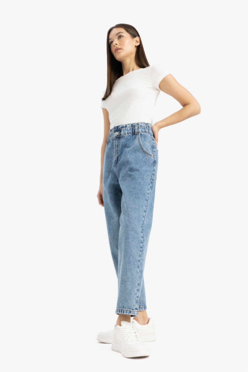 Woman Blue Paperbag High Waist Straight Leg Jeans