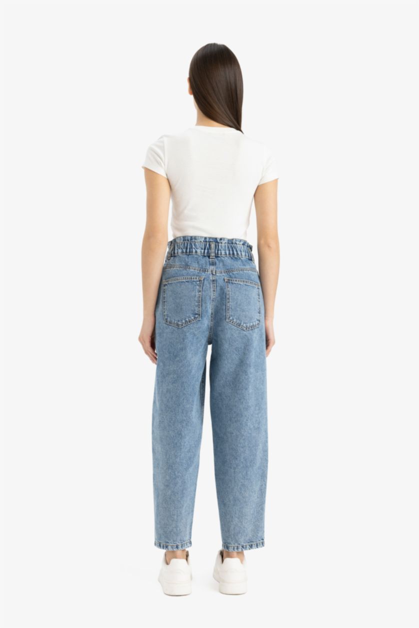 Woman Blue Paperbag High Waist Straight Leg Jeans