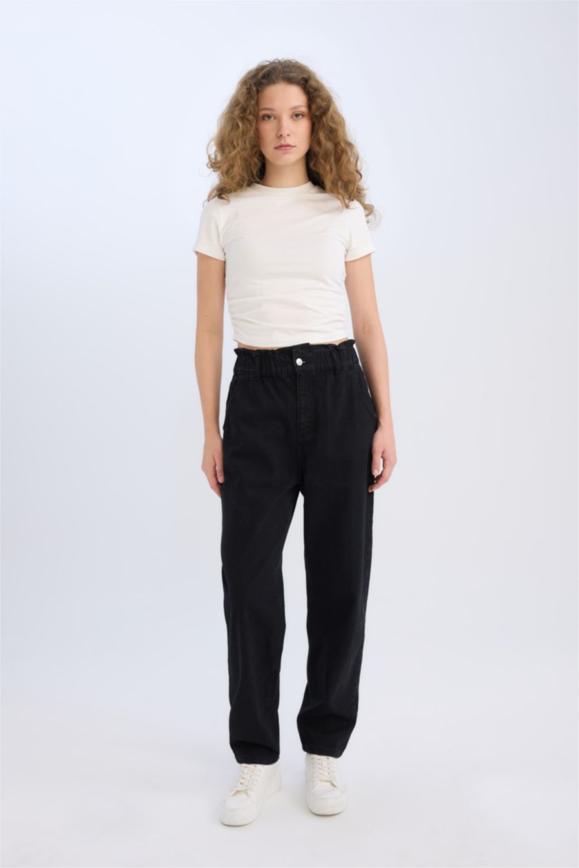 WOMAN Black Paperbag High Waist Straight Leg Washed Jeans