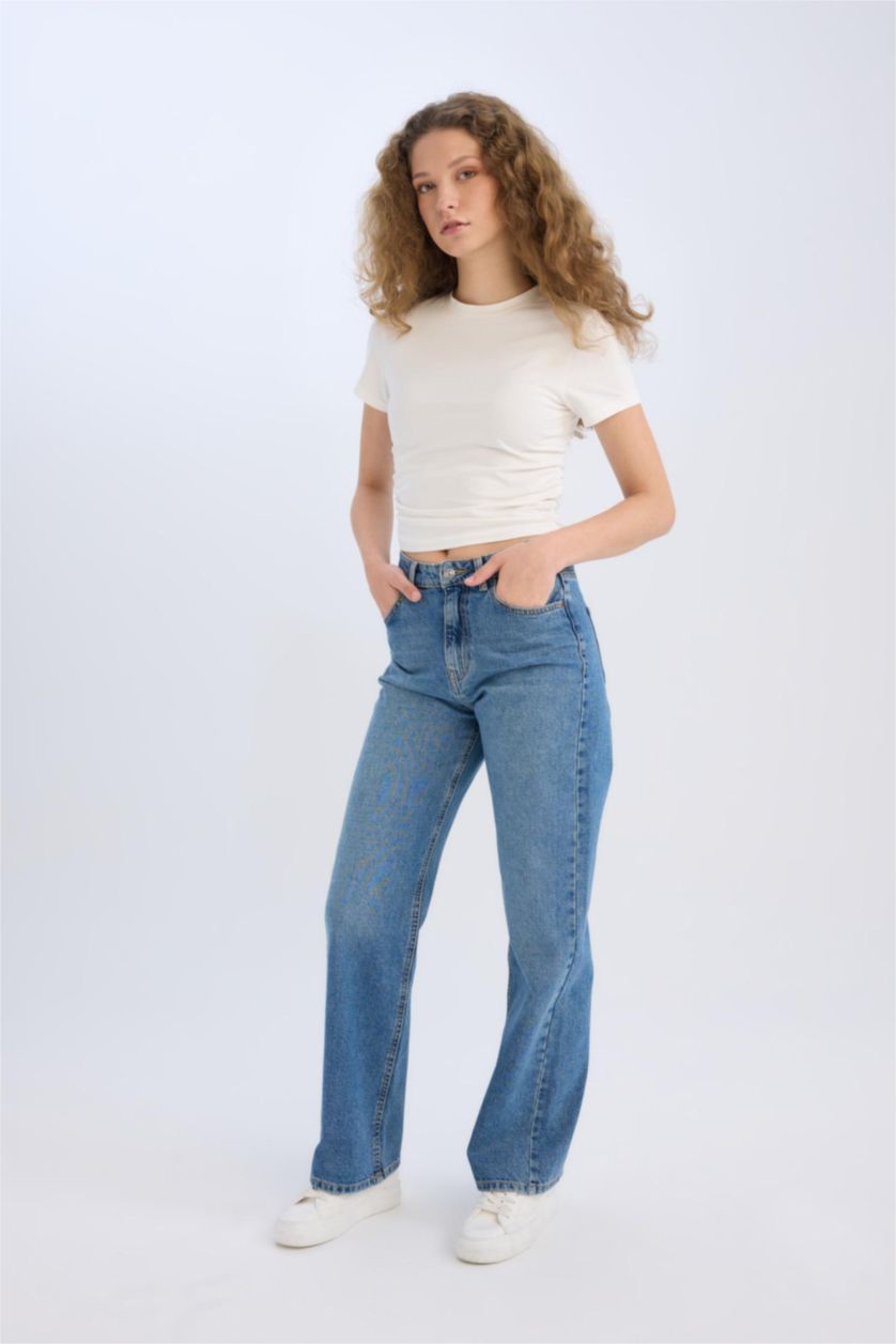 Kadın Koyu Mavi 90's Wide Leg Yüksek Bel Geniş Paça Uzun Jean Kar Yıkamalı Pantolon