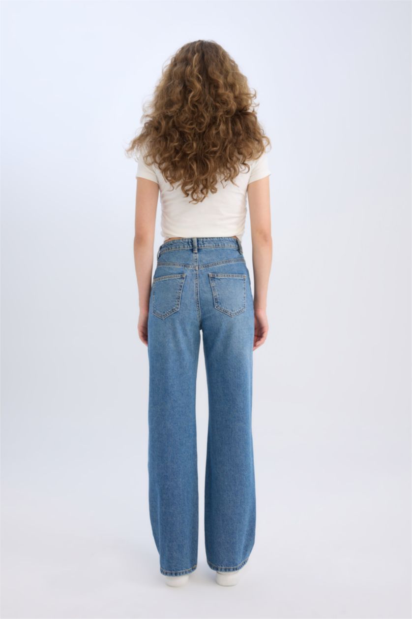 Kadın Koyu Mavi 90's Wide Leg Yüksek Bel Geniş Paça Uzun Jean Kar Yıkamalı Pantolon