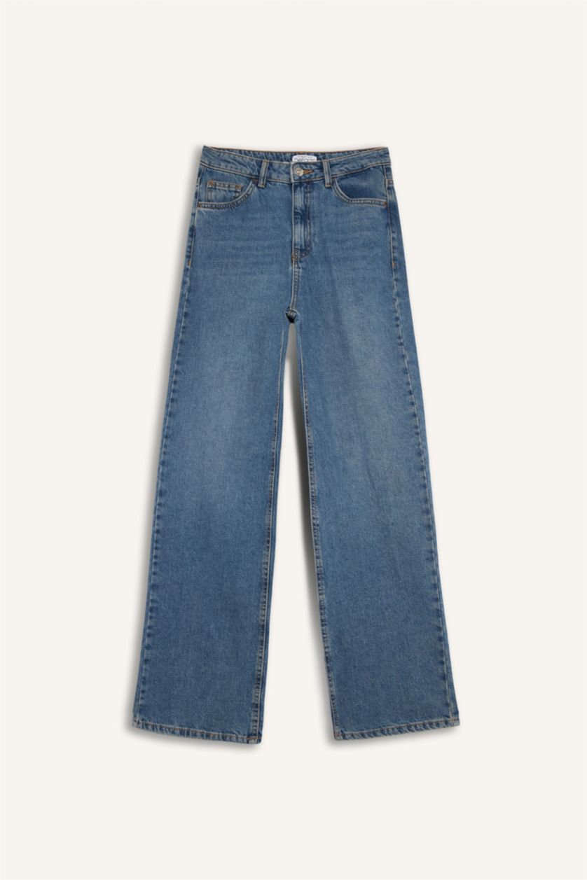 Kadın Koyu Mavi 90's Wide Leg Yüksek Bel Geniş Paça Uzun Jean Kar Yıkamalı Pantolon