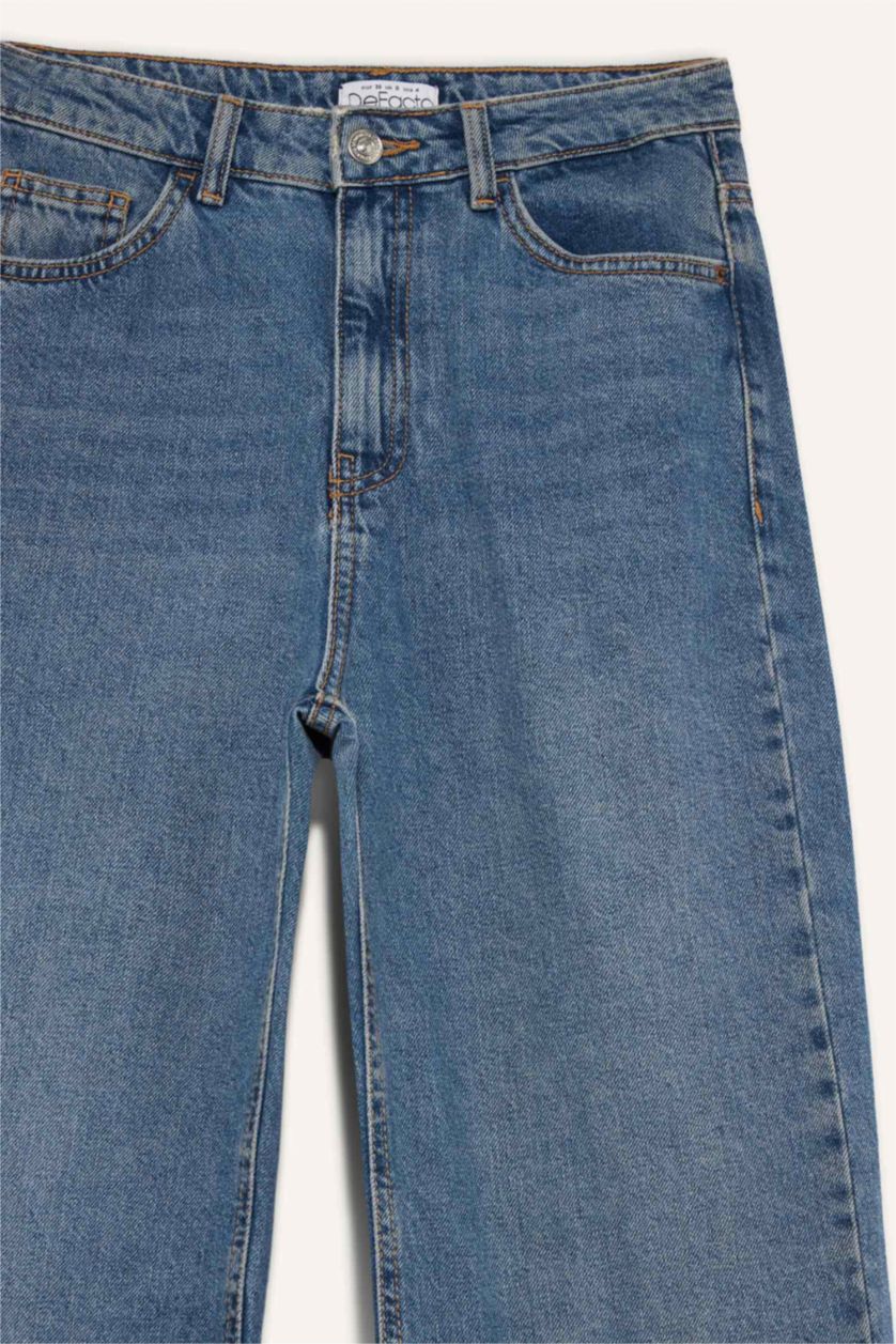 Kadın Koyu Mavi 90's Wide Leg Yüksek Bel Geniş Paça Uzun Jean Kar Yıkamalı Pantolon