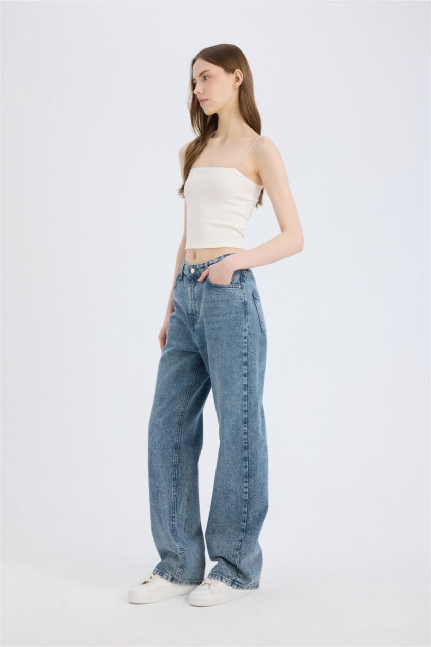 Kadın Gri %100 Pamuk 90's Wıde Leg Yüksek Bel Jean Pantolon