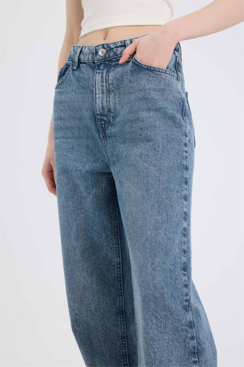 Kadın Gri %100 Pamuk 90's Wıde Leg Yüksek Bel Jean Pantolon