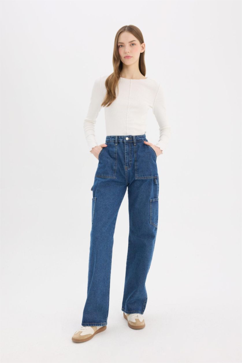 نساء أزرق غامق بنطرون جينز كارجو برجل واسع بجيب وخصر عالي