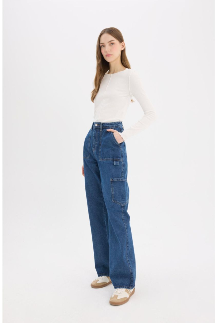 نساء أزرق غامق بنطرون جينز كارجو برجل واسع بجيب وخصر عالي