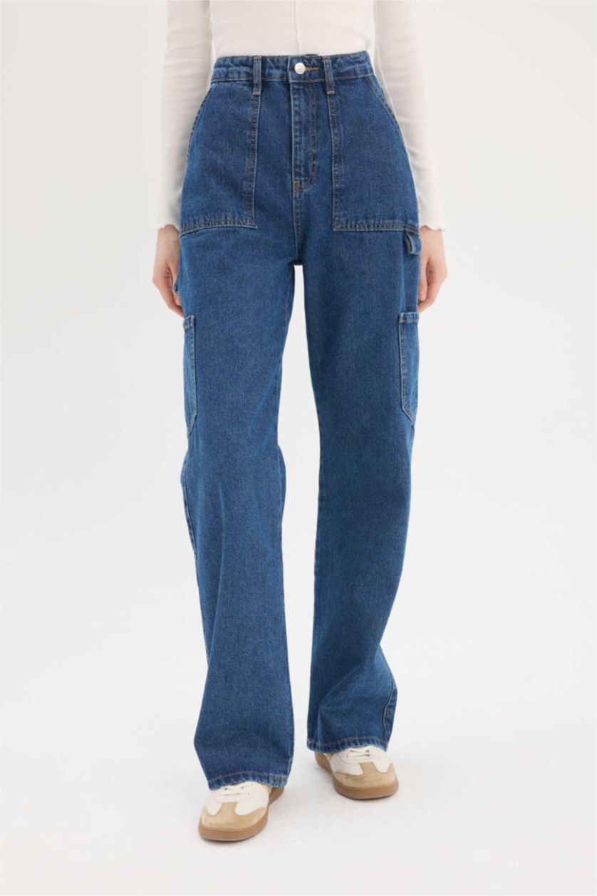 نساء أزرق غامق بنطرون جينز كارجو برجل واسع بجيب وخصر عالي