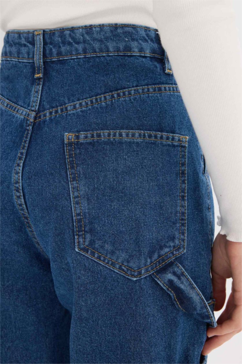 نساء أزرق غامق بنطرون جينز كارجو برجل واسع بجيب وخصر عالي