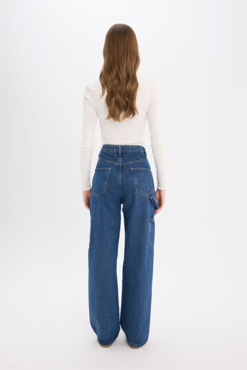 نساء أزرق غامق بنطرون جينز كارجو برجل واسع بجيب وخصر عالي