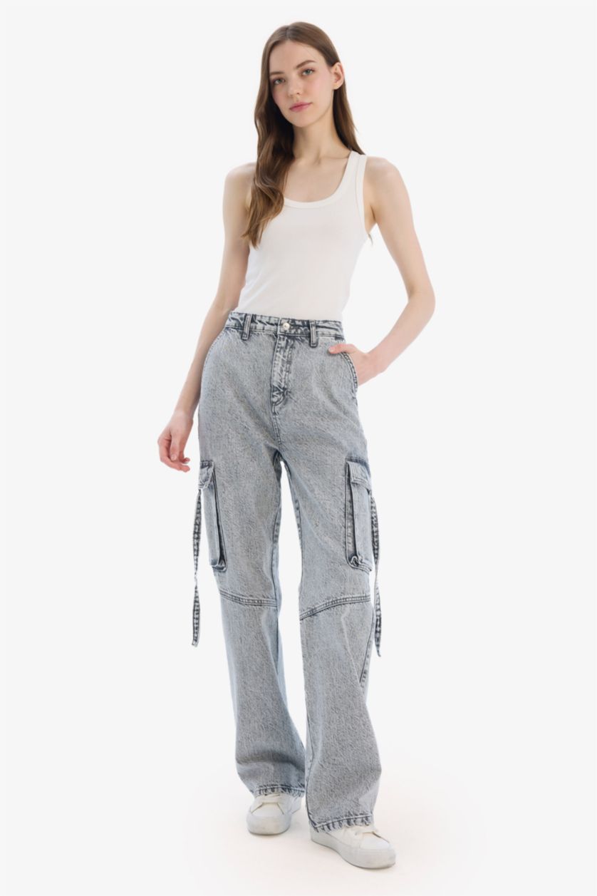 FEMME Gris Pantalon Jean Cargo droit à taille haute et jambes larges