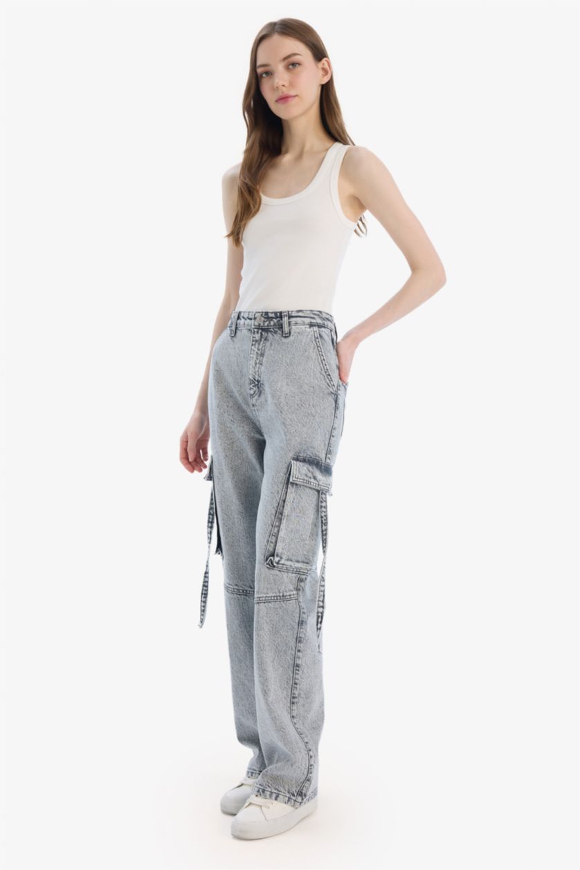FEMME Gris Pantalon Jean Cargo droit à taille haute et jambes larges