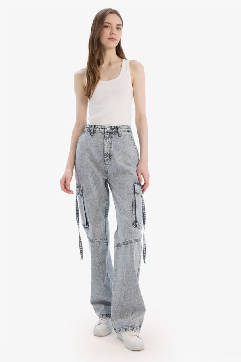 FEMME Gris Pantalon Jean Cargo droit à taille haute et jambes larges