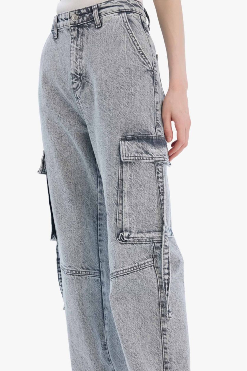 FEMME Gris Pantalon Jean Cargo droit à taille haute et jambes larges
