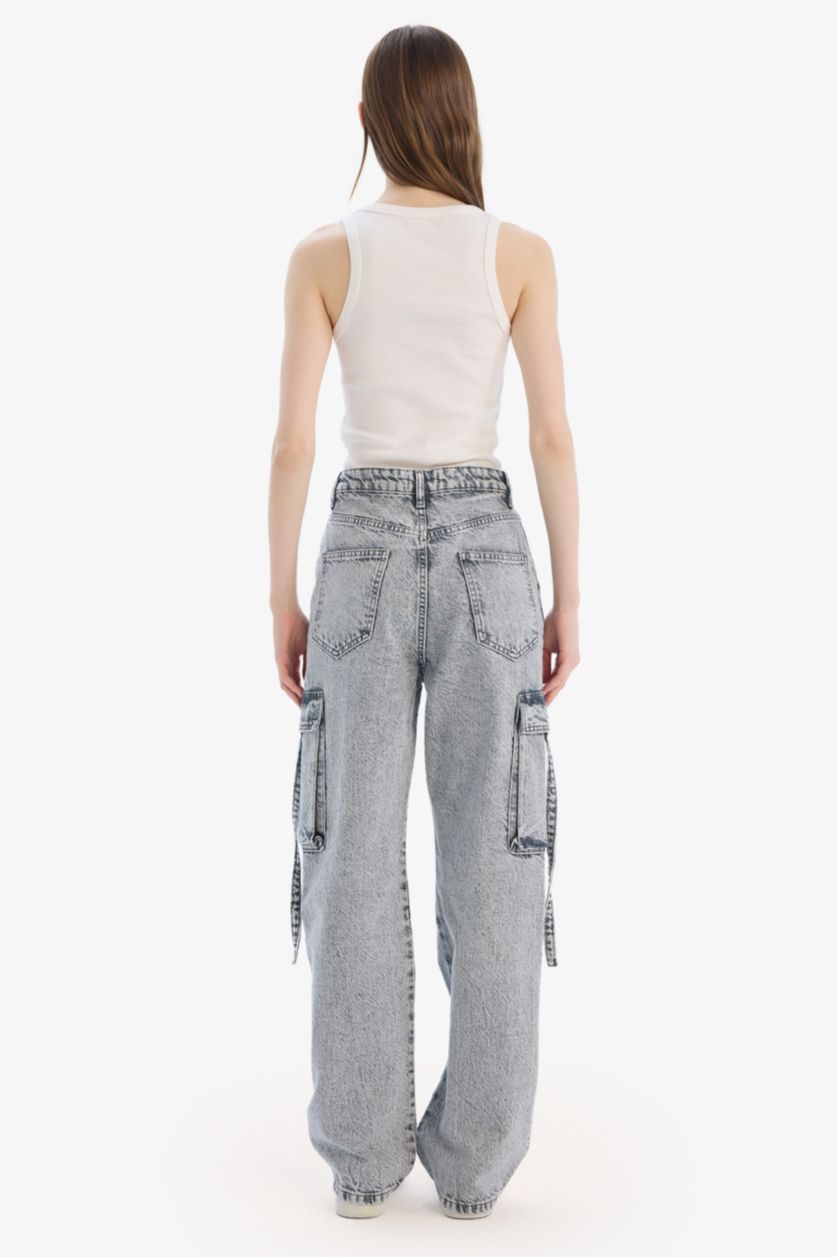 FEMME Gris Pantalon Jean Cargo droit à taille haute et jambes larges