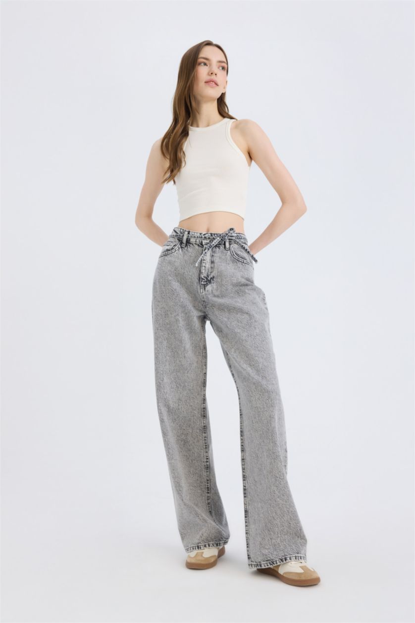 نساء رمادي بنطرون برجل واسع وايد ليج وخصر عالي