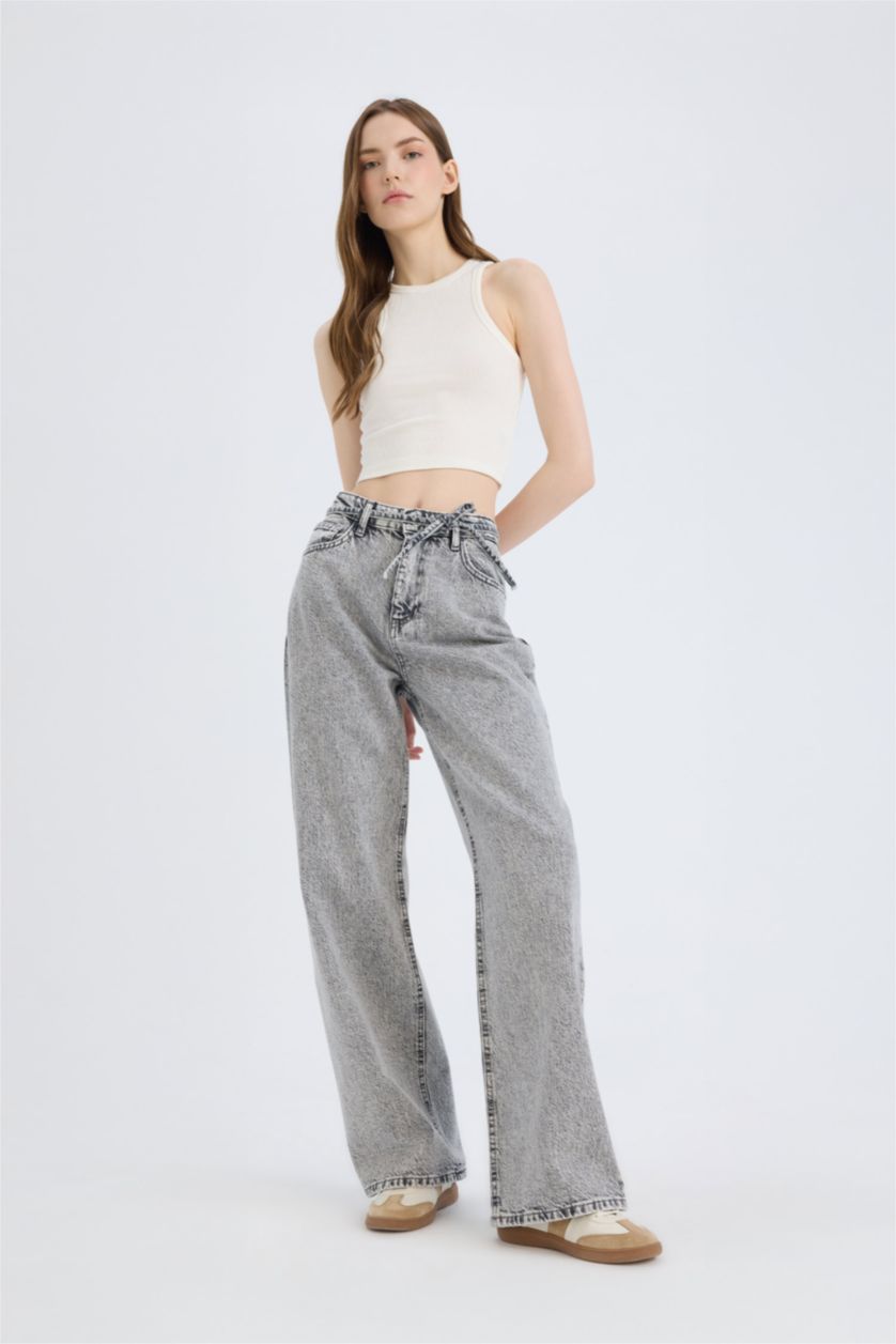 نساء رمادي بنطرون برجل واسع وايد ليج وخصر عالي