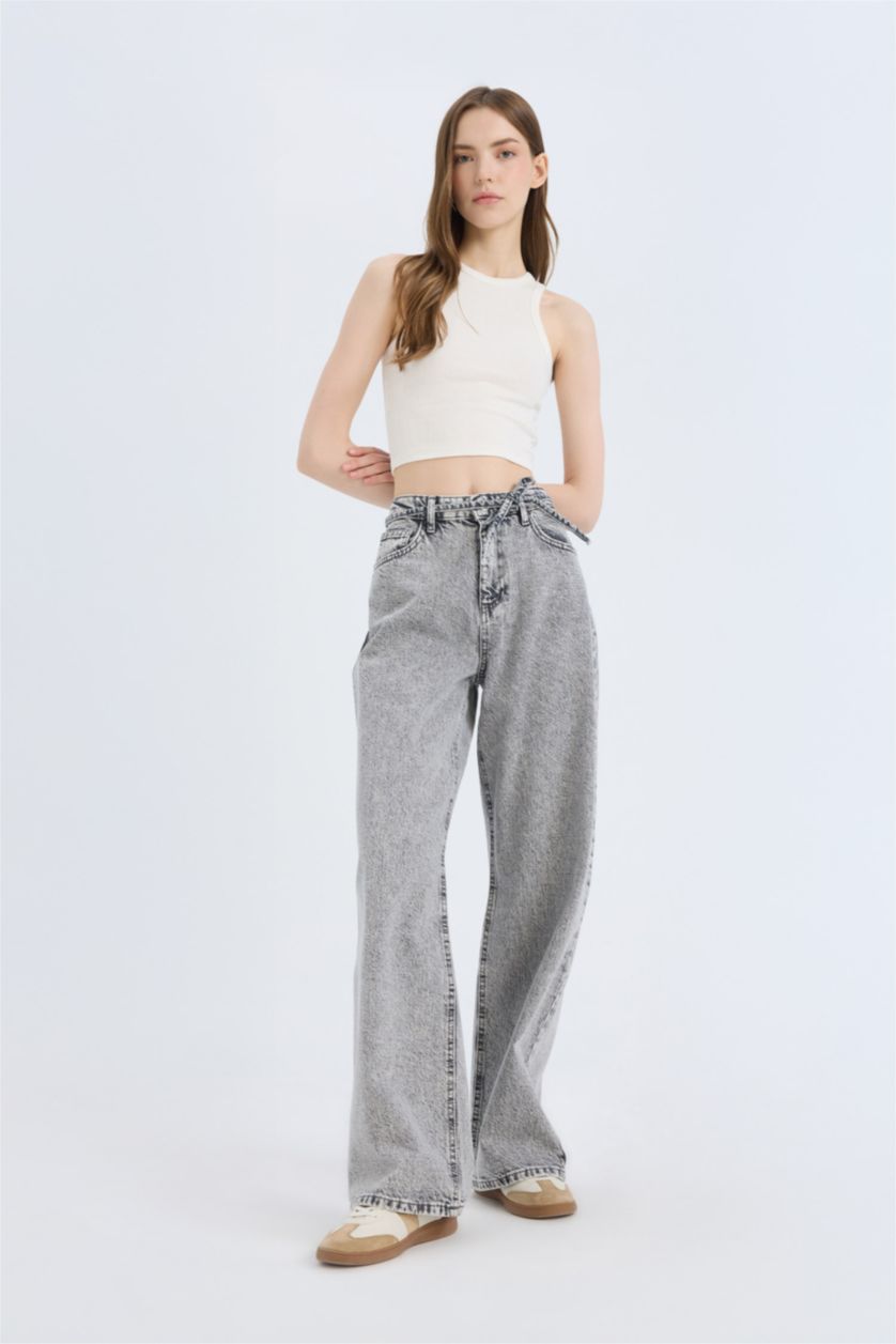 نساء رمادي بنطرون برجل واسع وايد ليج وخصر عالي