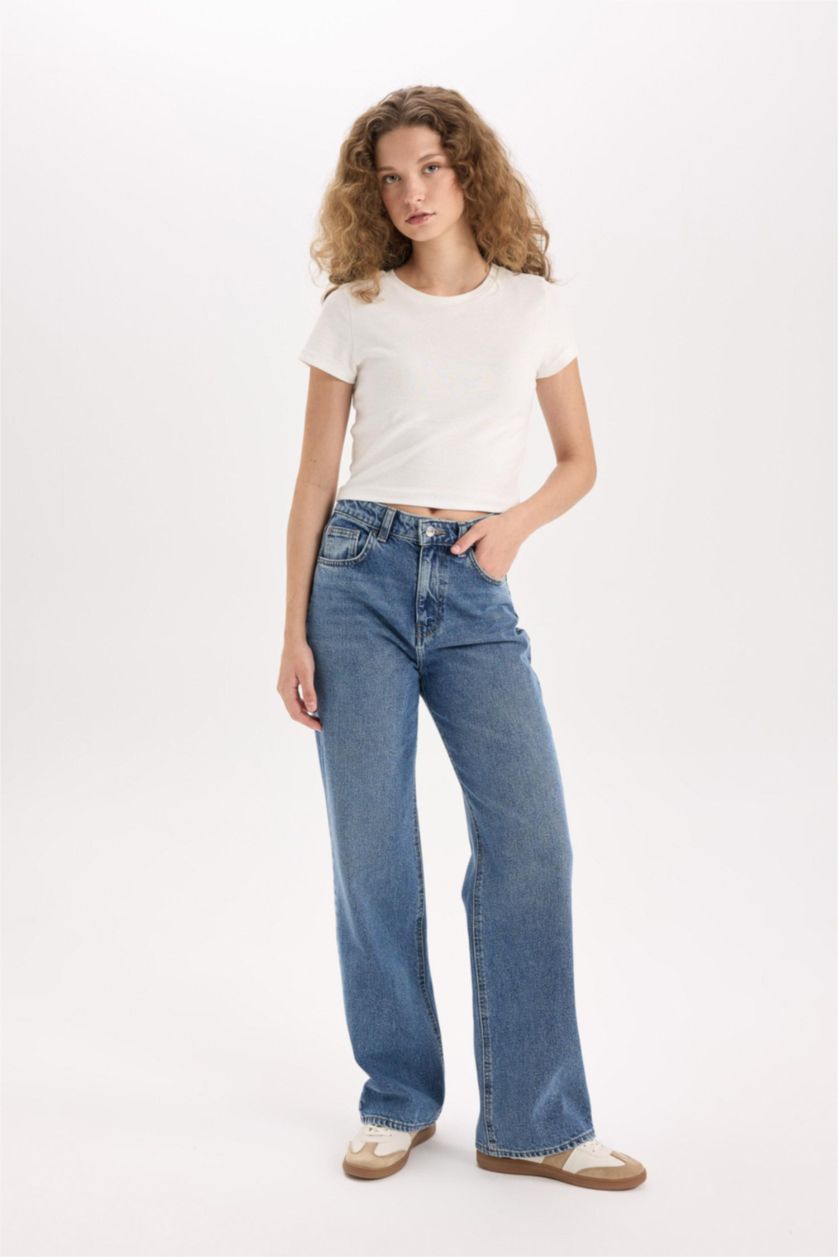 Kadın Mavi 90's Wıde Leg Yüksek Bel Geniş Paça Uzun Jean Pantolon