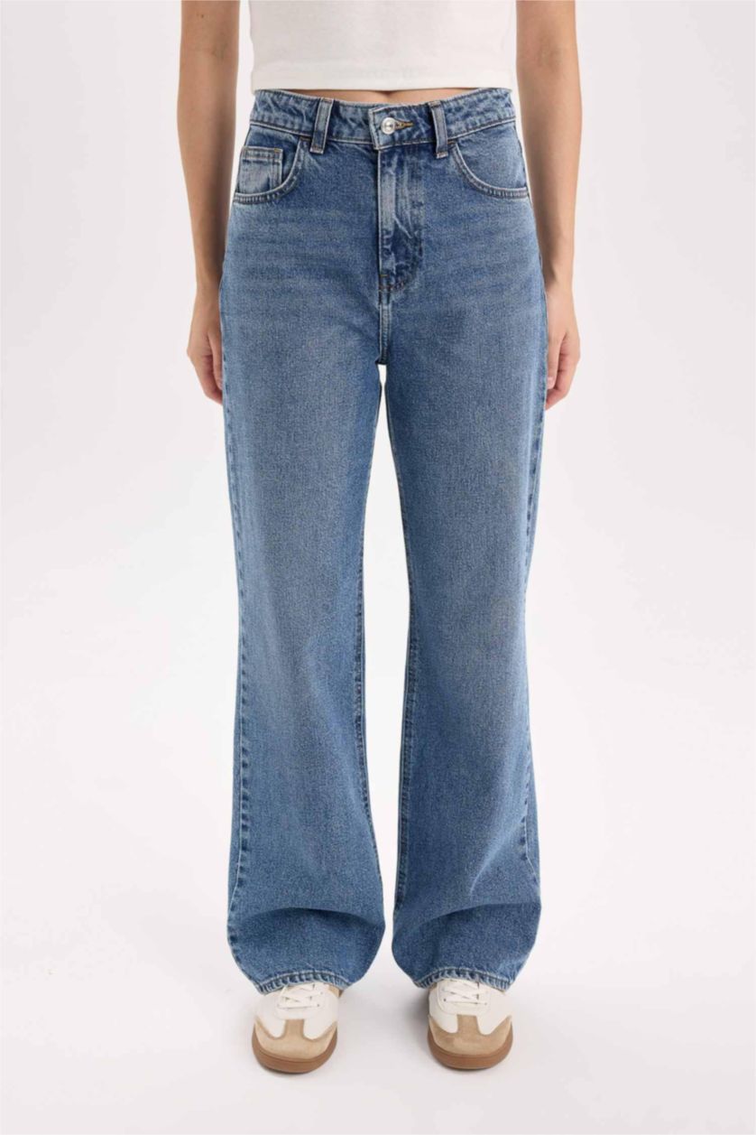 Kadın Mavi 90's Wıde Leg Yüksek Bel Geniş Paça Uzun Jean Pantolon