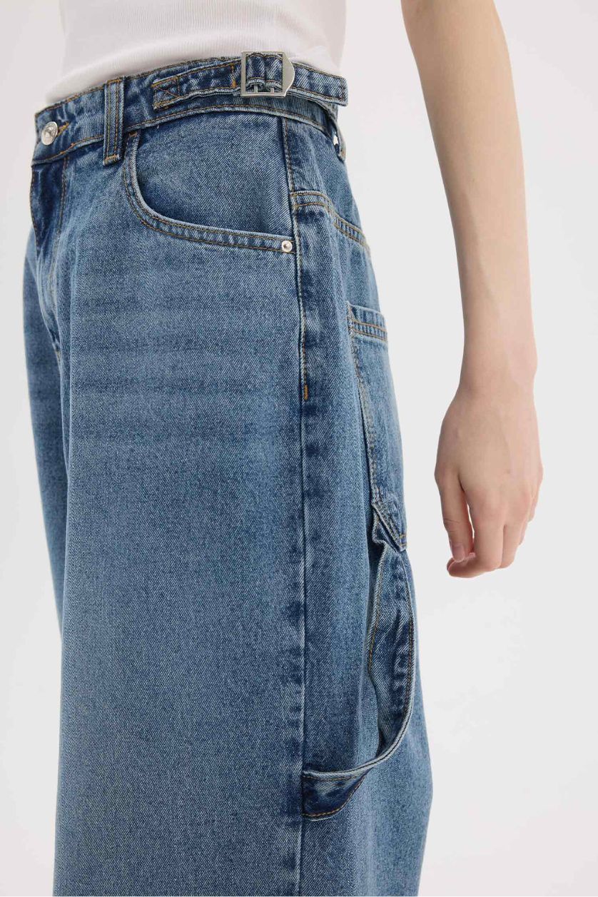 Kadın Mavi Baggy Fıt Yüksek Bel Düz Paça Uzun Jean Pantolon