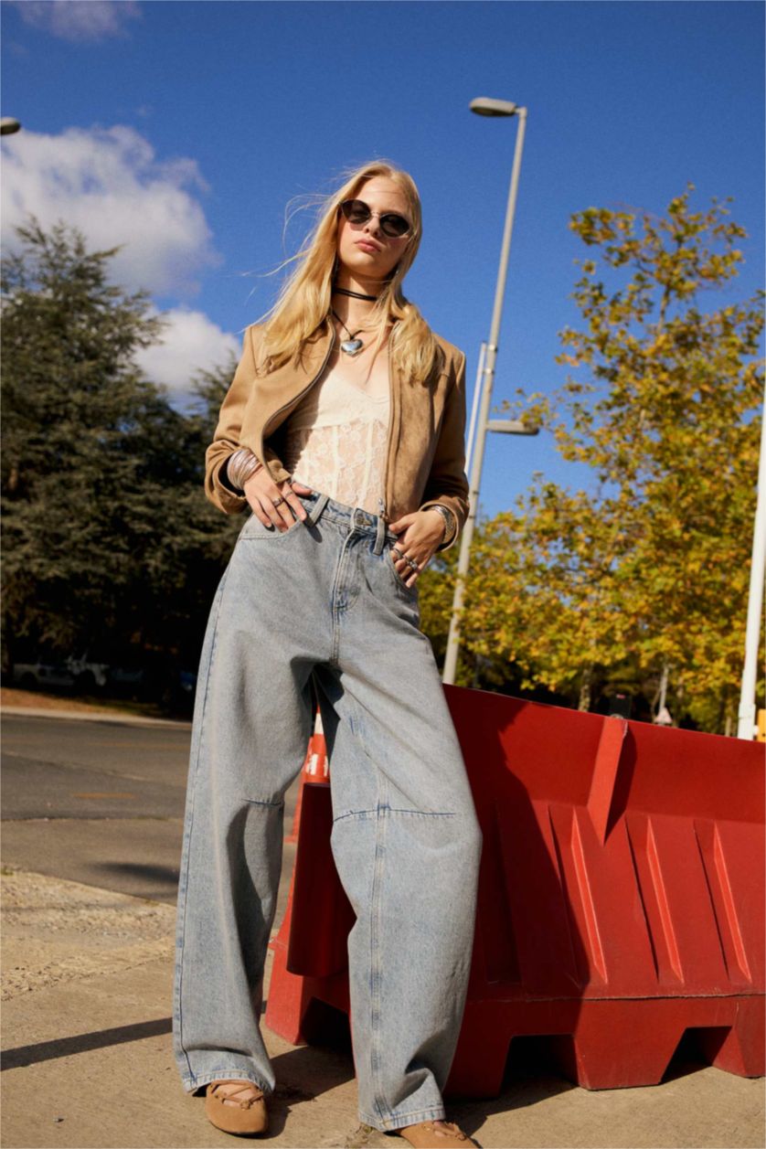 Kadın Mavi Baggy Fit Yüksek Bel Düz Paça Uzun Jean Pantolon