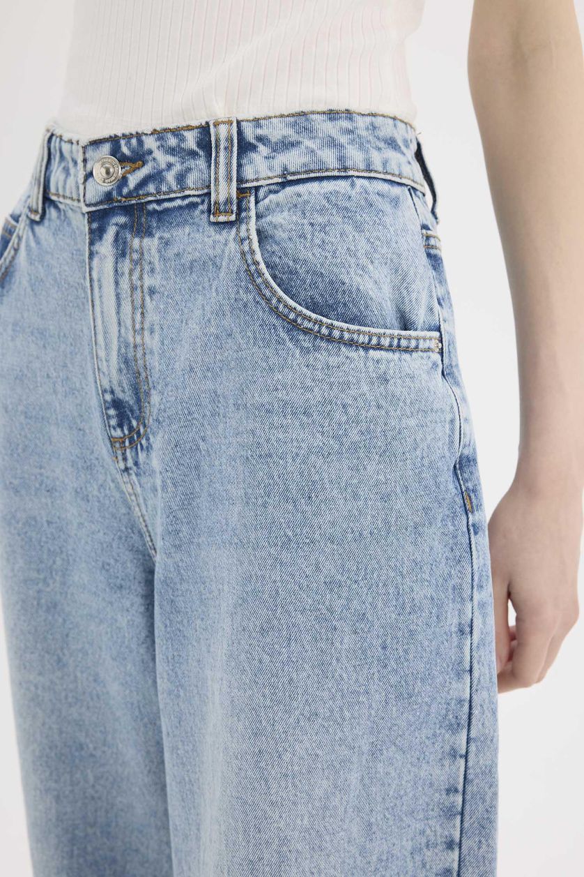 Kadın Mavi Baggy Fit Yüksek Bel Düz Paça Uzun Jean Pantolon