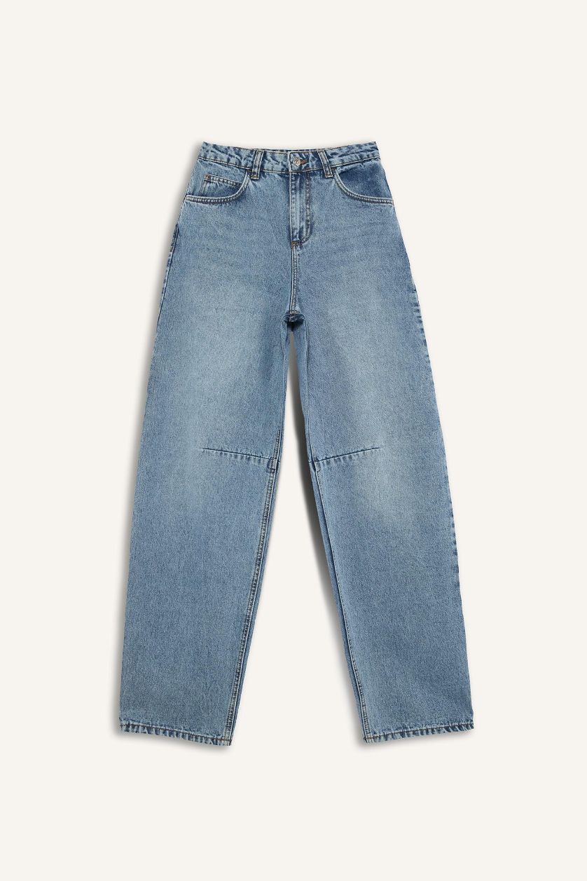 Kadın Mavi Baggy Fit Yüksek Bel Düz Paça Uzun Jean Pantolon