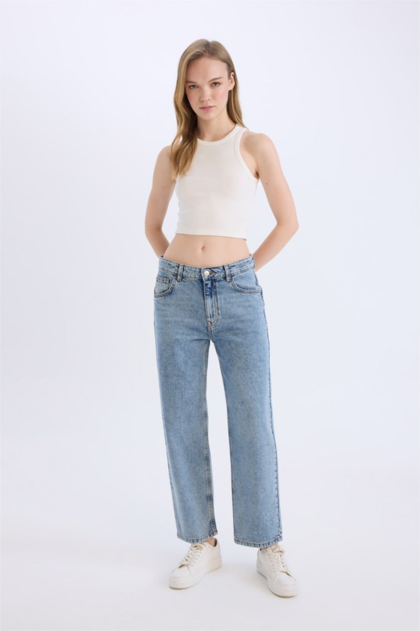 WOMAN Light Indigo Boyfriend Normal Waist Straight Leg Washed Jeans
