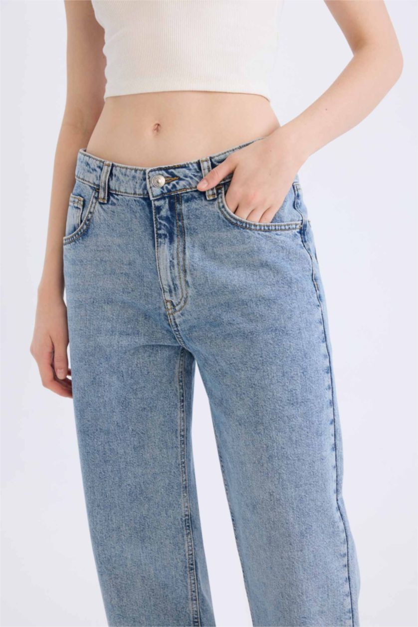 WOMAN Light Indigo Boyfriend Normal Waist Straight Leg Washed Jeans