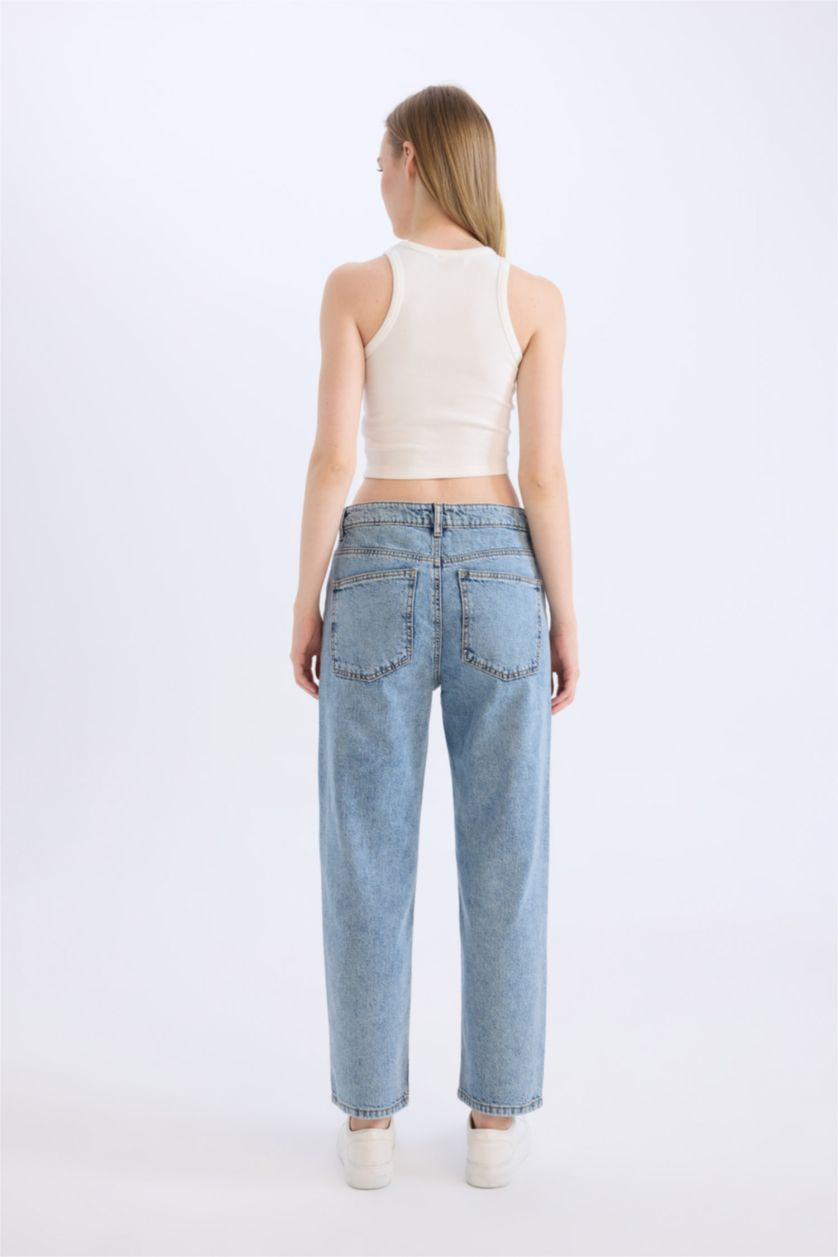 WOMAN Light Indigo Boyfriend Normal Waist Straight Leg Washed Jeans