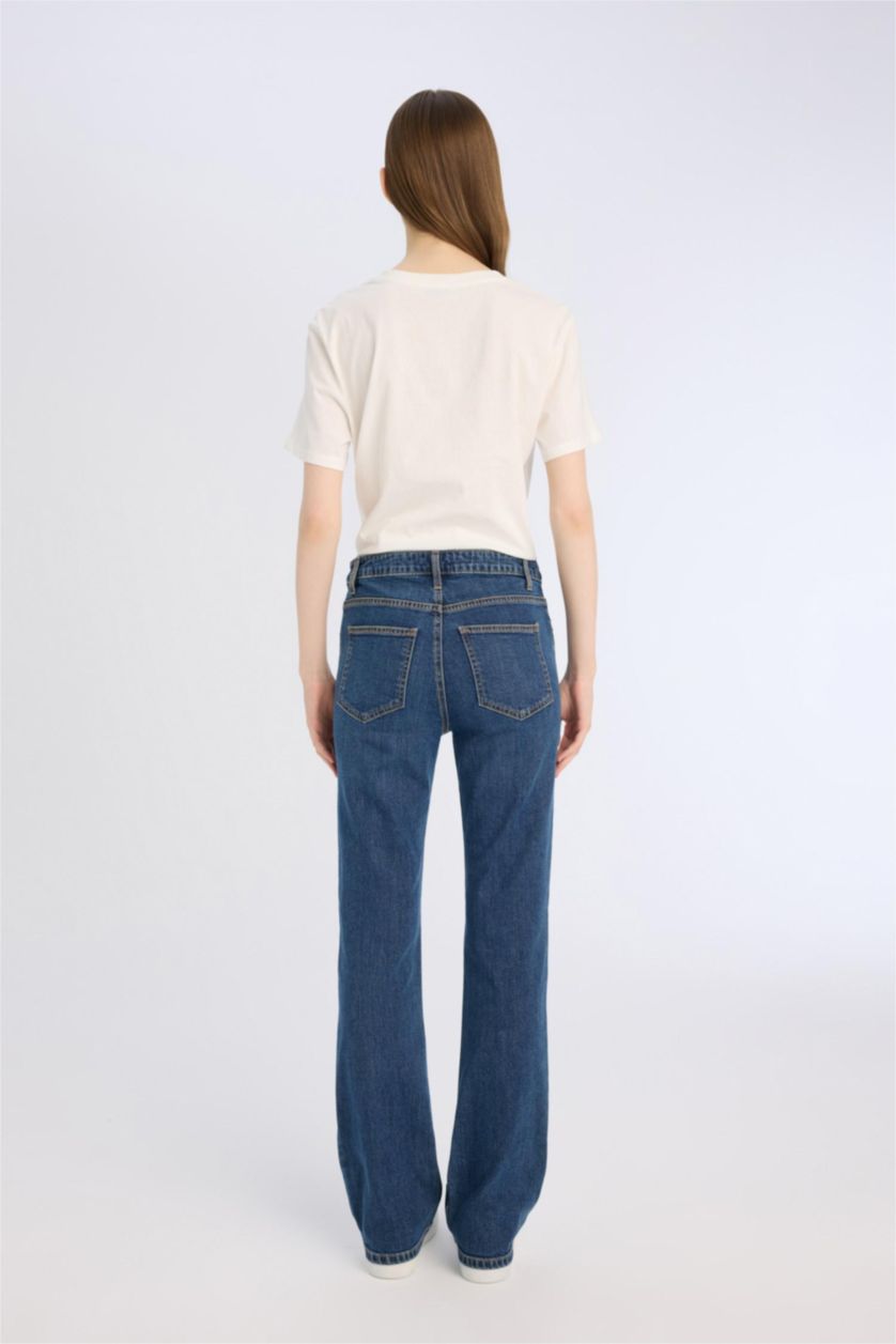 Kadın Koyu Mavi Yüksek Bel Geniş Paça Cepli Jean Pantolon