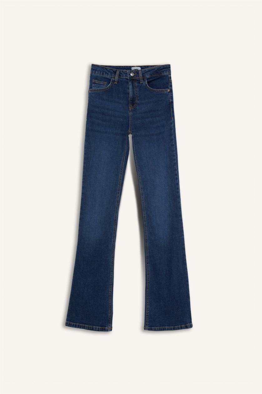 Kadın Koyu Mavi Yüksek Bel Geniş Paça Cepli Jean Pantolon