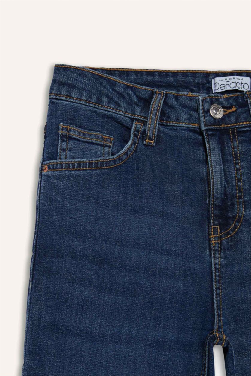 Kadın Koyu Mavi Yüksek Bel Geniş Paça Cepli Jean Pantolon