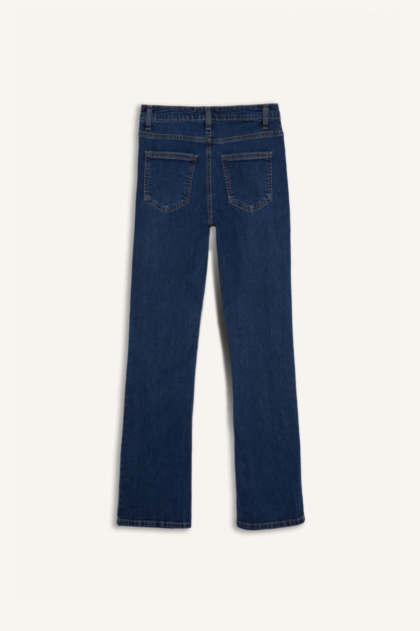 Kadın Koyu Mavi Yüksek Bel Geniş Paça Cepli Jean Pantolon