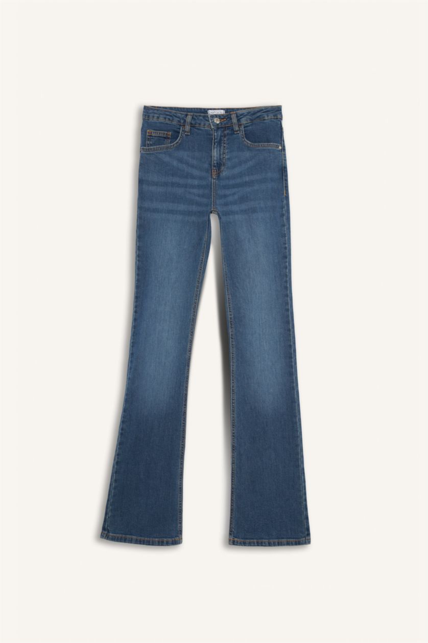 Kadın Mavi Yüksek Bel Geniş Paça Jean Pantolon