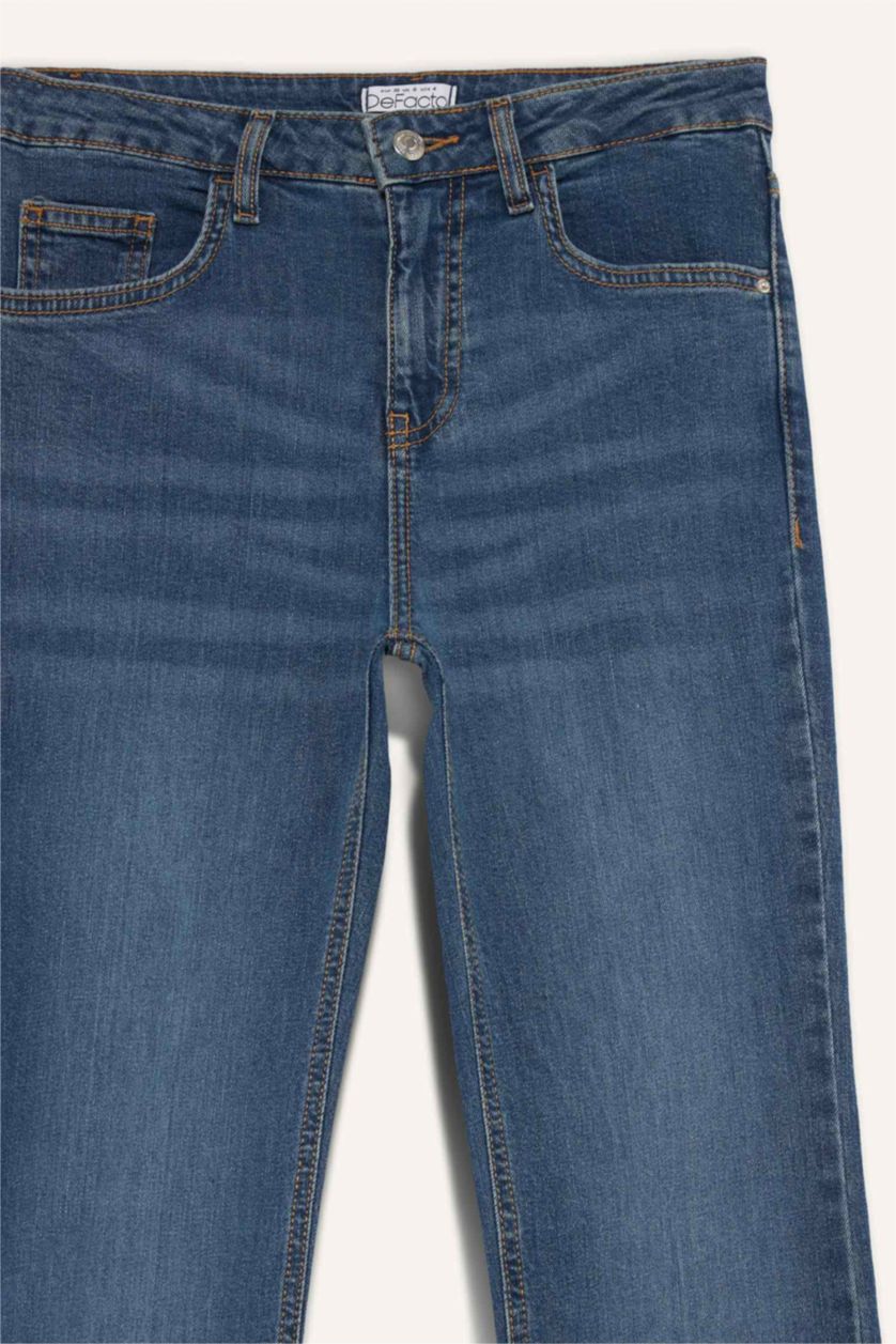 Kadın Mavi Yüksek Bel Geniş Paça Jean Pantolon