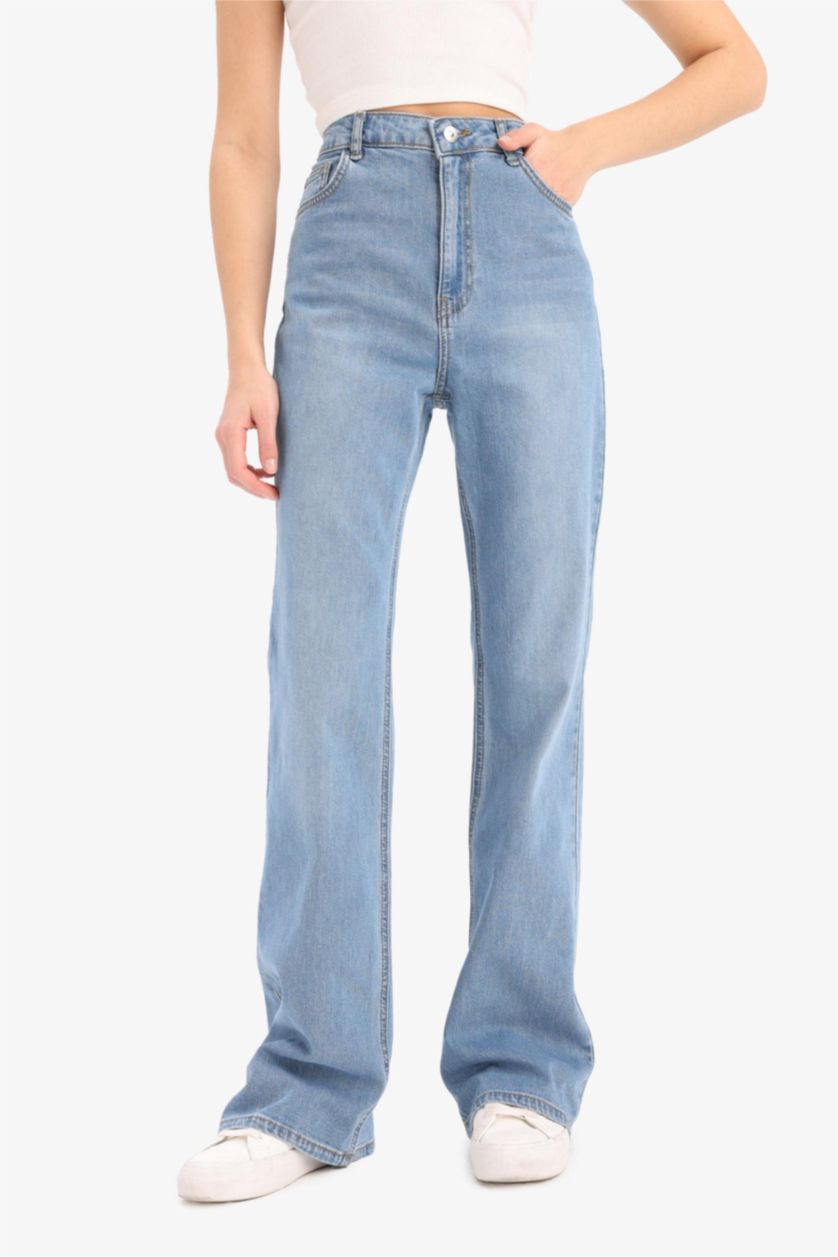 Kadın Mavi Slim Flare Yüksek Bel Düz Paça Uzun Jean Pantolon