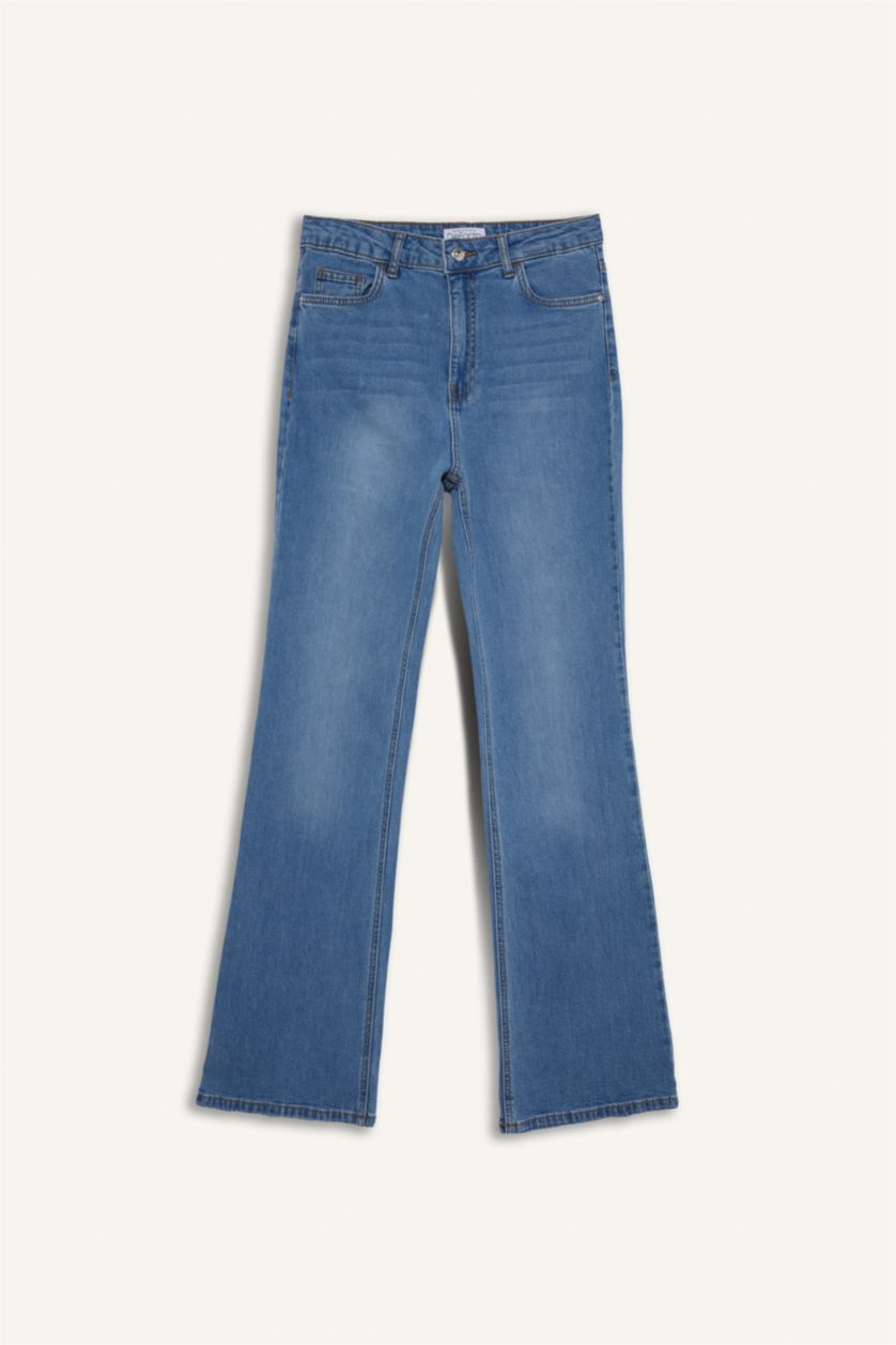 Kadın Mavi Slim Flare Yüksek Bel Düz Paça Uzun Jean Pantolon