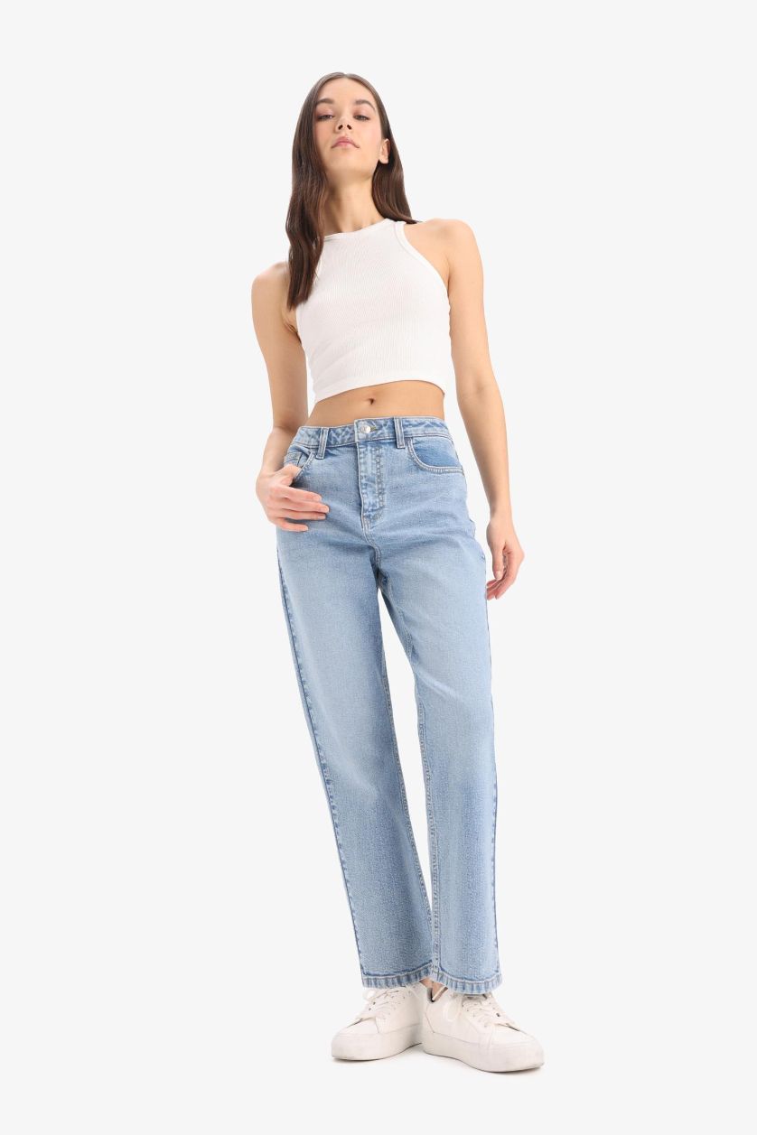 Kadın Mavi Mary Vintage Straight Fit Yüksek Bel Düz Paça Jean Kar Yıkamalı Pantolon