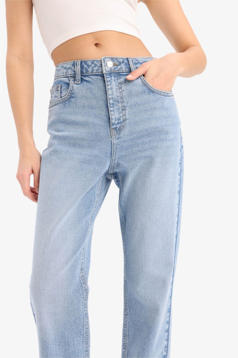 Kadın Mavi Mary Vintage Straight Fit Yüksek Bel Düz Paça Jean Kar Yıkamalı Pantolon