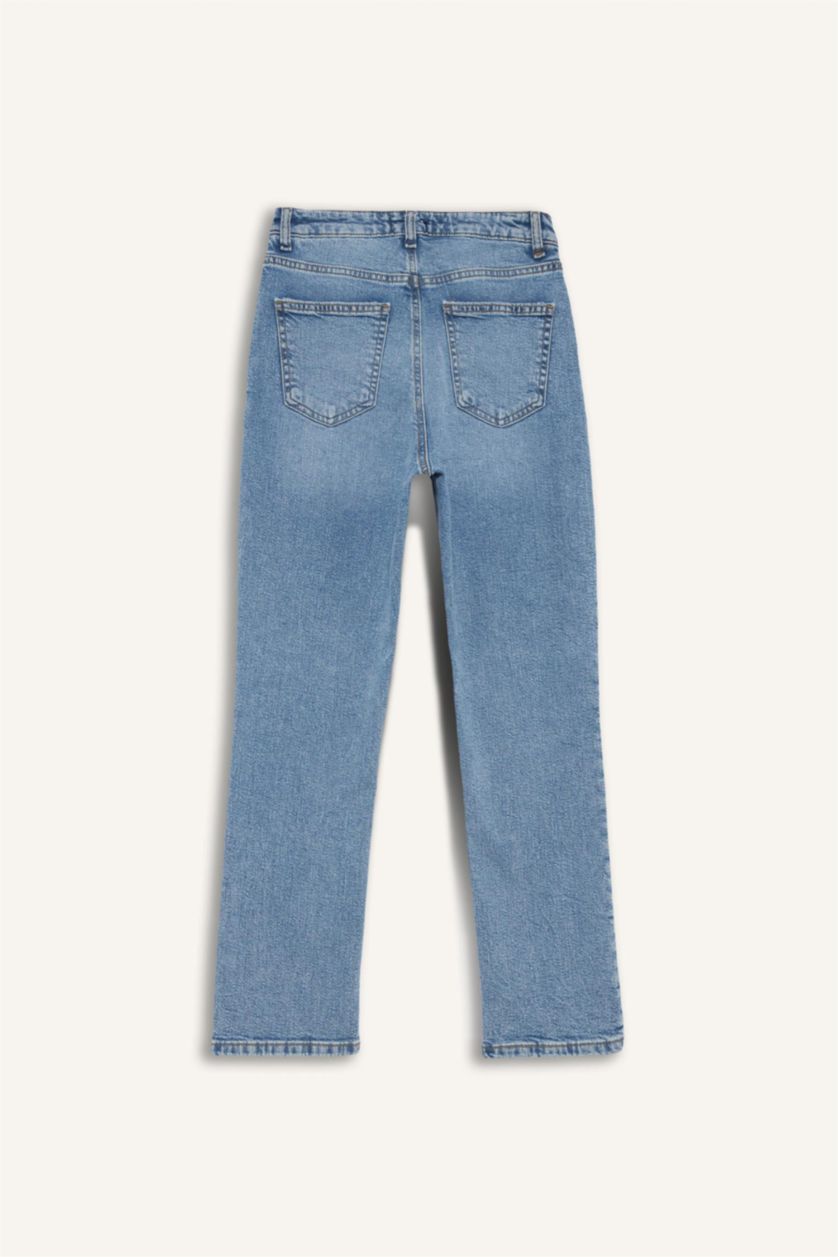 Kadın Mavi Mary Vintage Straight Fit Yüksek Bel Düz Paça Jean Kar Yıkamalı Pantolon